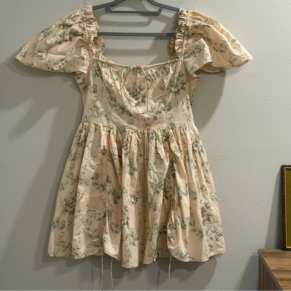 SELKIE Anthropologie NWT Medium Romantic Floral Mini Dress Ruched Spring Summer